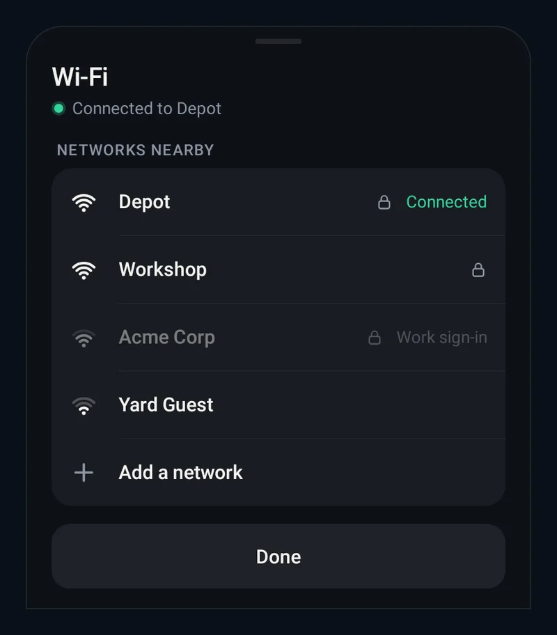 The Wi-Fi sheet on a device: nearby networks with their signal, and the one the device is joined to.