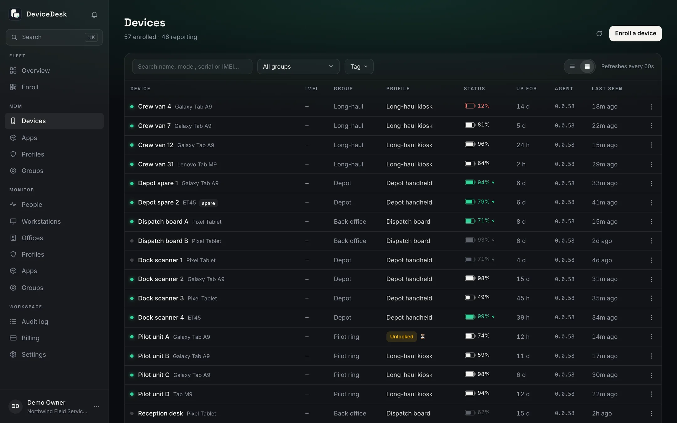 The Devices list in the console: each device with its group, profile, battery, uptime, agent version and last check-in.