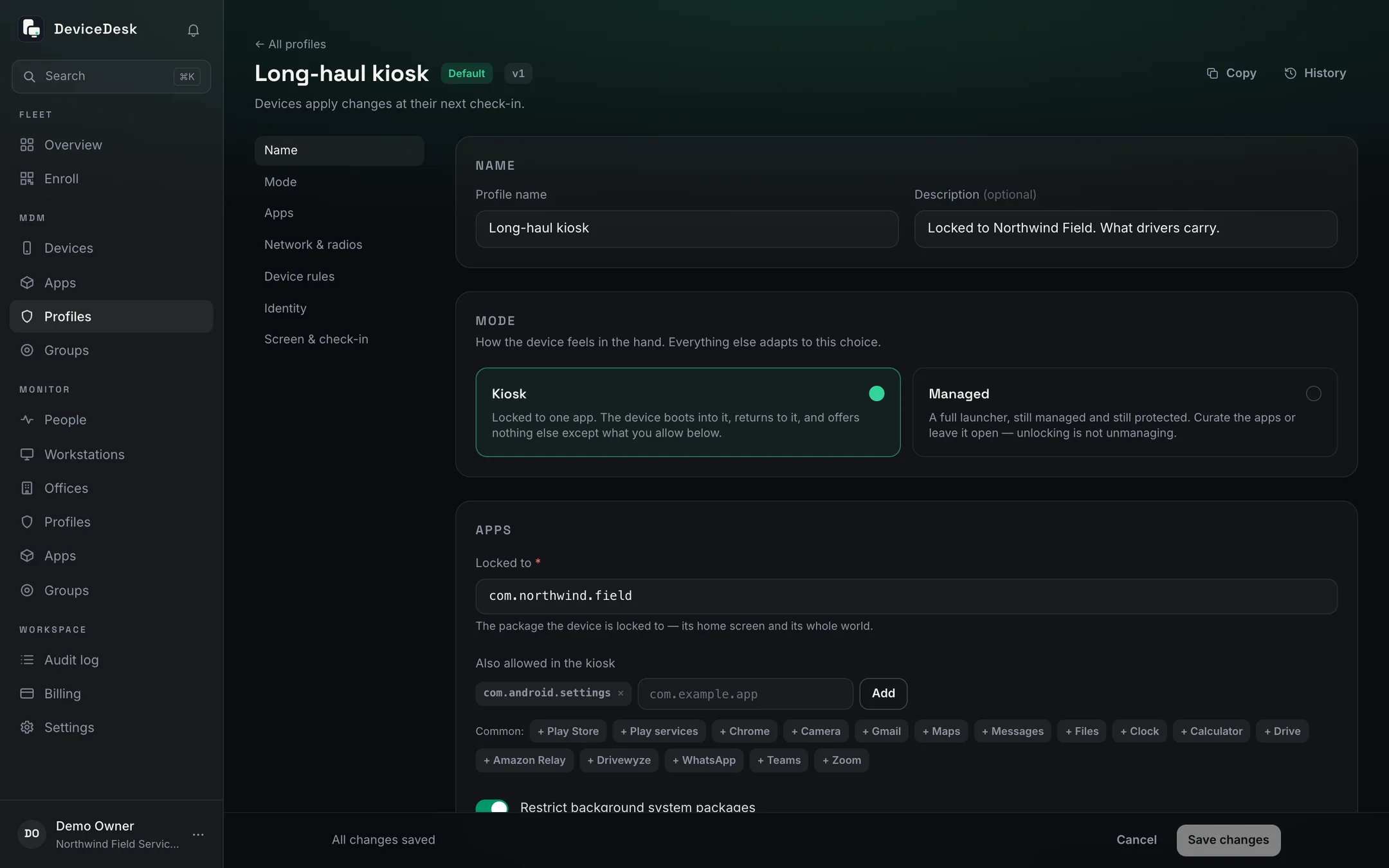 A profile in the editor: the choice between Kiosk, locked to one app, and Managed, a full launcher that is still protected.