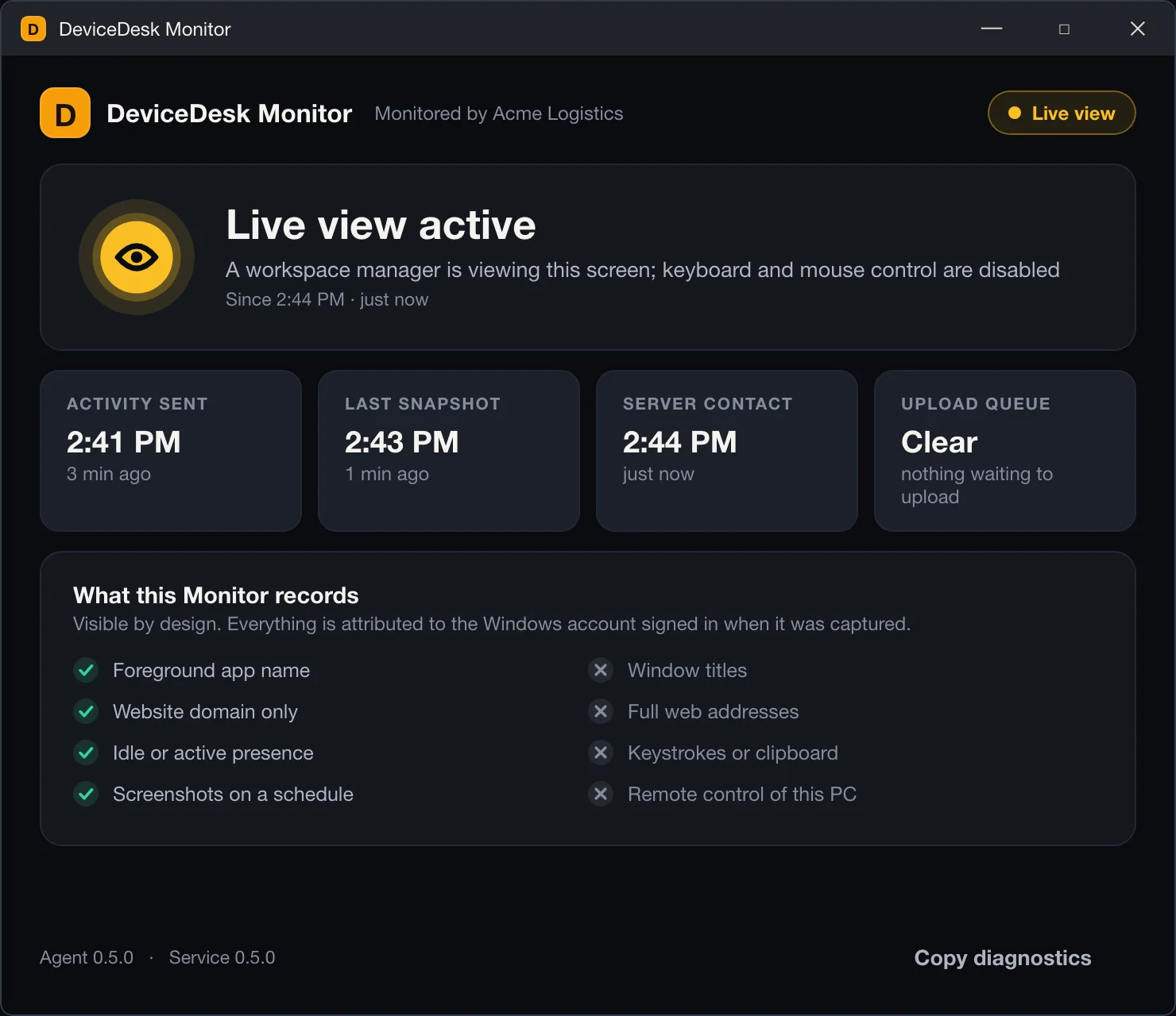The DeviceDesk Monitor status window on a PC, showing Live view active, when activity and snapshots were last sent, and the list of what this Monitor records and what it does not.